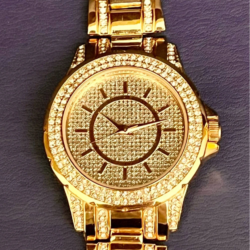 FMDAL Oversized Gold Glitz Watch Iced Out Pavé Rhinestone Statement Bling Glam